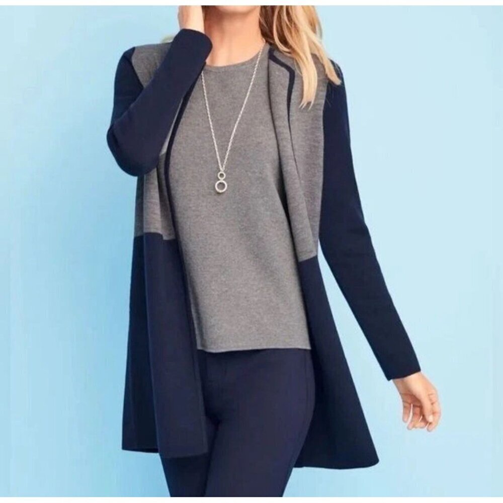 Talbots Merino Wool Blend Gray Blue Open Long Womens Cardigan Sweater Size Large - Picture 2 of 10